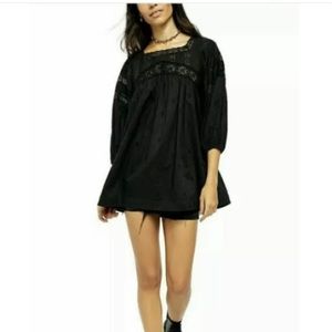 Free People Black Lace Eyelet Square Neck Three Quarter Sleeve Tunic - XL